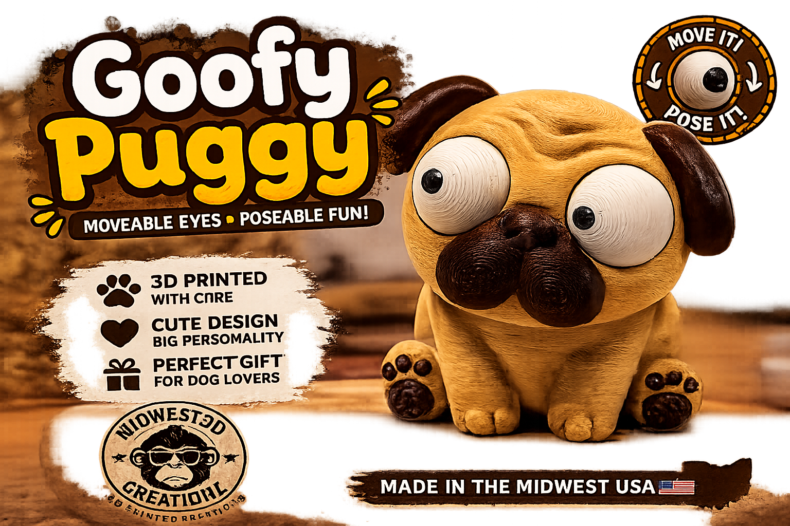 Goofy Puggy – 3D Printed Pug with Moveable Eyes 🐶👀